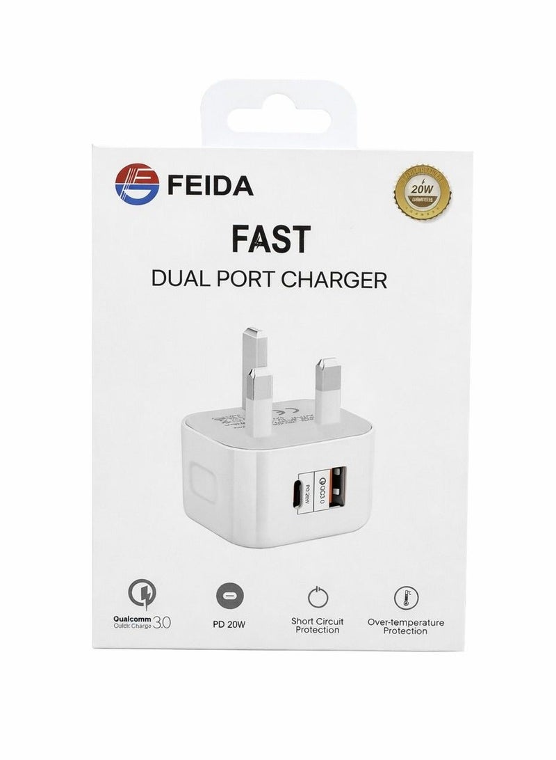 فيدا شاحن يواس بي مزدوج المنافذ بقوة 20 وات ومحول تايب سي 1A1C مقبس حائط شحن سريع - Image 1